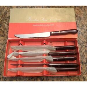 VTG SHEFFIELD 6 STEAK KNIFE SET In Box STAINLESS STEEL
